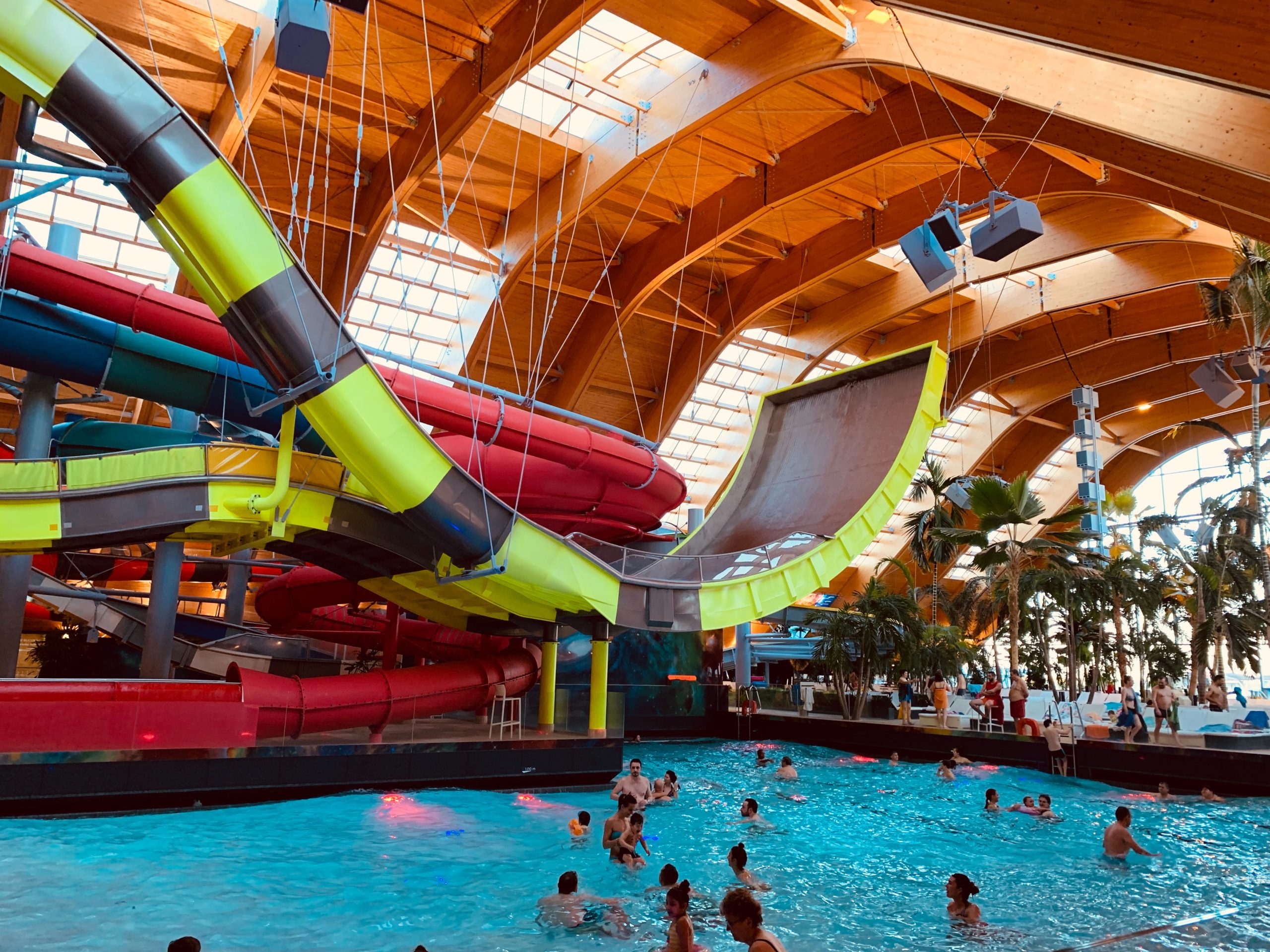 People in pool at indoor waterpark with water slides above them
